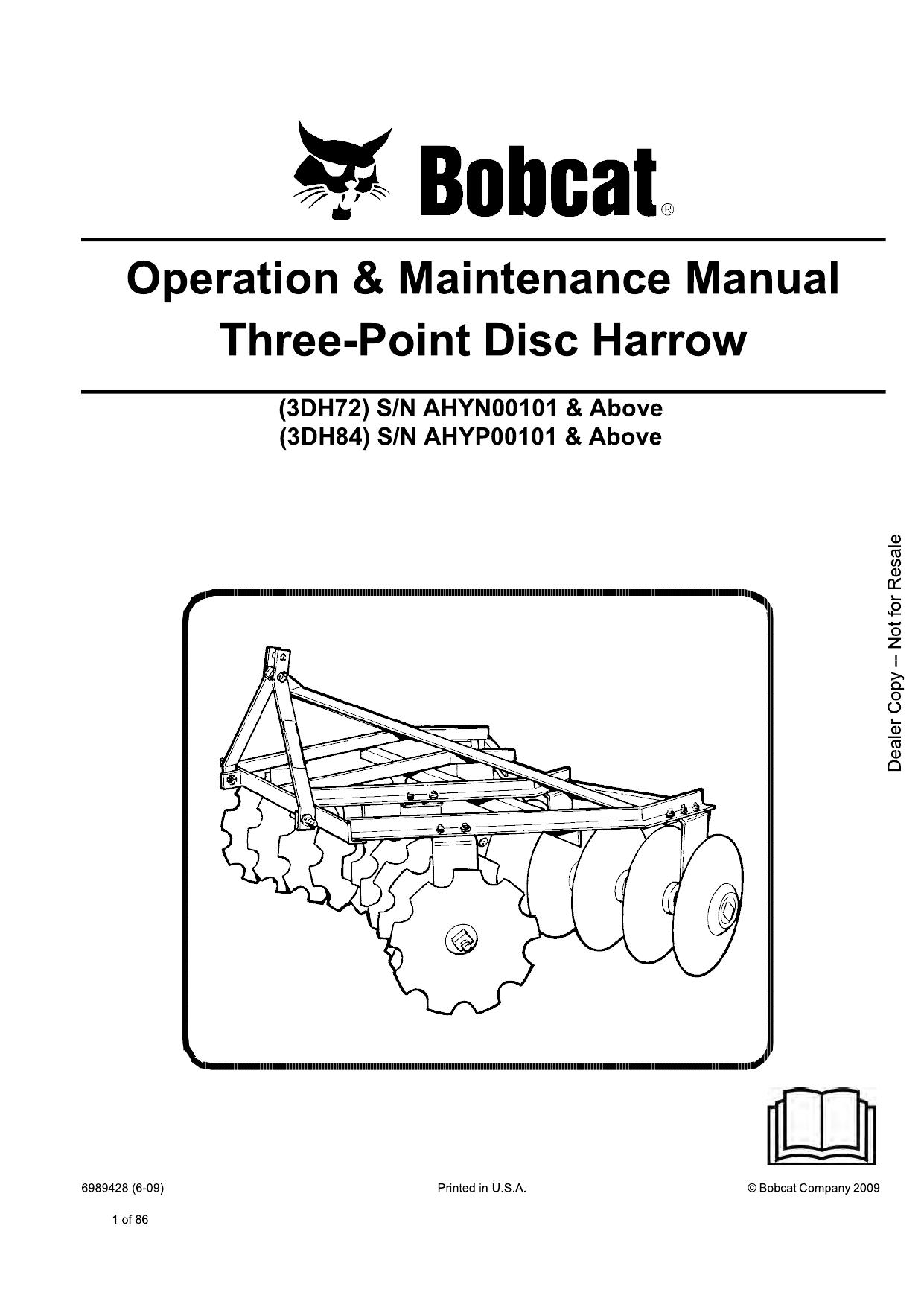 3DH72 3DH80 Three-Point Disc Harrow Operation & Maintenance Manual Bobcat